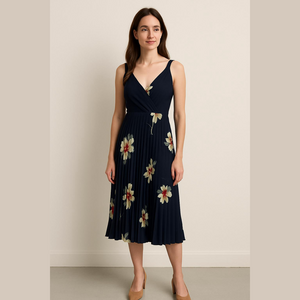 Vince Pleated Blue and White Midi Sundress V-Neck